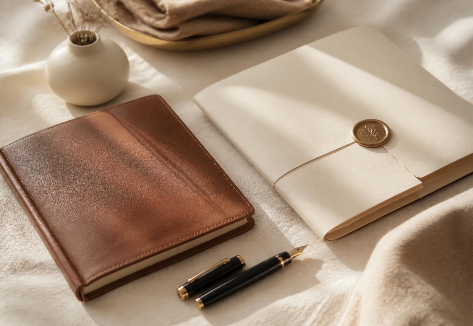 Premium business stationery: leather notebook, envelope with wax seal and fountain pen